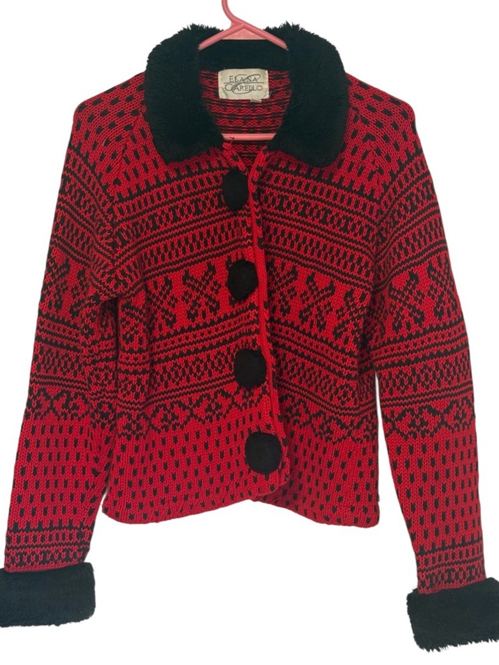 Elana Carello Vintage Fair Isle Hand-knit faux Fur Cardigan Sweater SzS